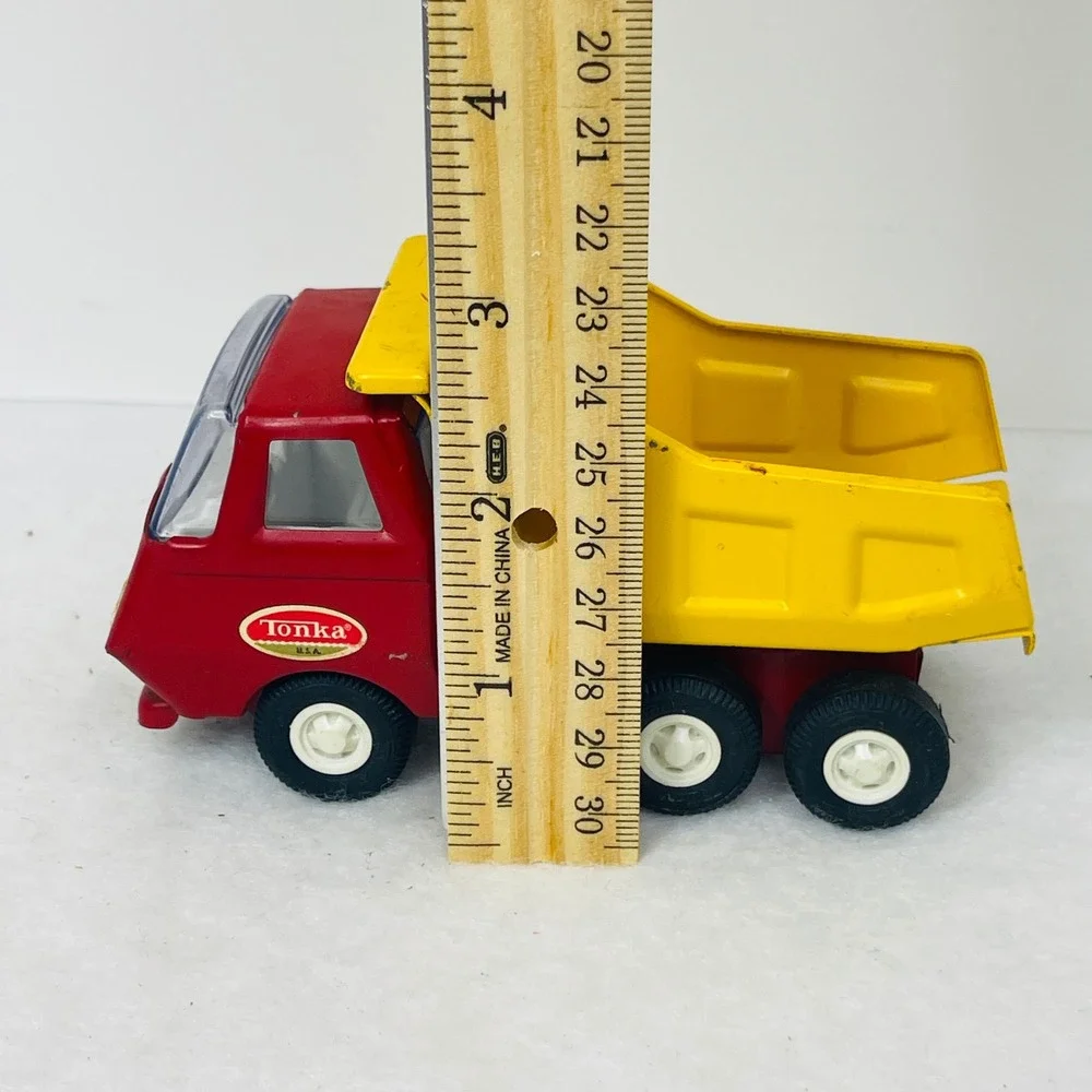 Vintage Tonka USA Red and Yellow Diecast Metal Mini Dump Truck Construction Toy